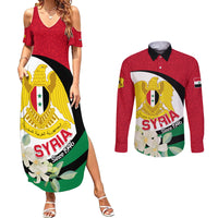 Syria Independence Day Couples Matching Summer Maxi Dress and Long Sleeve Button Shirt Syrian Coat Of Arms With Jasmine Flower - Wonder Print Shop