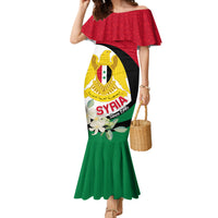 Syria Independence Day Family Matching Mermaid Dress and Hawaiian Shirt Syrian Coat Of Arms With Jasmine Flower - Wonder Print Shop
