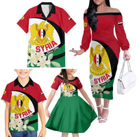 Syria Independence Day Family Matching Off Shoulder Long Sleeve Dress and Hawaiian Shirt Syrian Coat Of Arms With Jasmine Flower - Wonder Print Shop