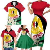 Syria Independence Day Family Matching Short Sleeve Bodycon Dress and Hawaiian Shirt Syrian Coat Of Arms With Jasmine Flower - Wonder Print Shop