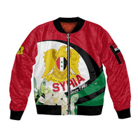 Syria Independence Day Sleeve Zip Bomber Jacket Syrian Coat Of Arms With Jasmine Flower - Wonder Print Shop