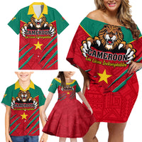 Cameroon Football Family Matching Off Shoulder Short Dress and Hawaiian Shirt Go Les Lions Indomptables - Wonder Print Shop