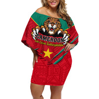 Cameroon Football Family Matching Off Shoulder Short Dress and Hawaiian Shirt Go Les Lions Indomptables - Wonder Print Shop