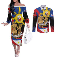 Personalized Philippines Lapulapu Couples Matching Off The Shoulder Long Sleeve Dress and Long Sleeve Button Shirt Hero Behind The Myth