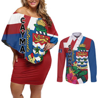 Personalised Cayman Islands Couples Matching Off Shoulder Short Dress and Long Sleeve Button Shirt Tropical Green Turtle