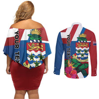 Personalised Cayman Islands Couples Matching Off Shoulder Short Dress and Long Sleeve Button Shirt Tropical Green Turtle