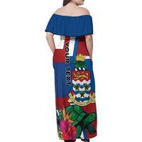Personalised Cayman Islands Family Matching Off Shoulder Maxi Dress and Hawaiian Shirt Tropical Green Turtle