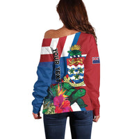 Personalised Cayman Islands Off Shoulder Sweater Tropical Green Turtle