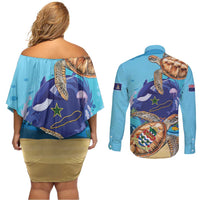 Cayman Brac Map Sea Turtle Couples Matching Off Shoulder Short Dress and Long Sleeve Button Shirt Ocean Vibes