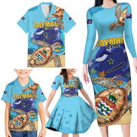 Cayman Brac Map Sea Turtle Family Matching Long Sleeve Bodycon Dress and Hawaiian Shirt Ocean Vibes