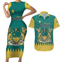 Personalised Canada Greater Sudbury Couples Matching Short Sleeve Bodycon Dress and Hawaiian Shirt The Nickel Capital Aedificemus