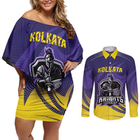 Custom Kolkata 2025 Cricket Knight Riders Couples Matching Off Shoulder Short Dress and Long Sleeve Button Shirt Korbo Lorbo Jeetbo