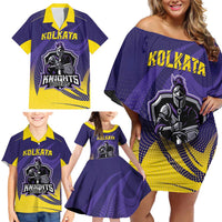 Custom Kolkata 2025 Cricket Knight Riders Family Matching Off Shoulder Short Dress and Hawaiian Shirt Korbo Lorbo Jeetbo
