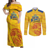 Custom Chennai 2025 Cricket Super Kings Couples Matching Off Shoulder Maxi Dress and Long Sleeve Button Shirt Yellow Army Lions Champion
