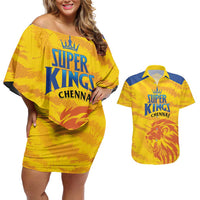Custom Chennai 2025 Cricket Super Kings Couples Matching Off Shoulder Short Dress and Hawaiian Shirt Yellow Army Lions Champion
