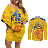 Custom Chennai 2025 Cricket Super Kings Couples Matching Off Shoulder Short Dress and Long Sleeve Button Shirt Yellow Army Lions Champion