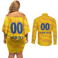 Custom Chennai 2025 Cricket Super Kings Couples Matching Off Shoulder Short Dress and Long Sleeve Button Shirt Yellow Army Lions Champion