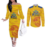 Custom Chennai 2025 Cricket Super Kings Couples Matching Off The Shoulder Long Sleeve Dress and Long Sleeve Button Shirt Yellow Army Lions Champion
