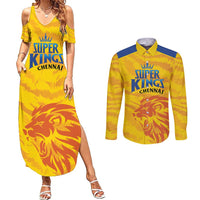 Custom Chennai 2025 Cricket Super Kings Couples Matching Summer Maxi Dress and Long Sleeve Button Shirt Yellow Army Lions Champion
