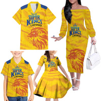 Custom Chennai 2025 Cricket Super Kings Family Matching Off The Shoulder Long Sleeve Dress and Hawaiian Shirt Yellow Army Lions Champion