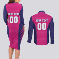 Custom Rajasthan 2025 Cricket Royals Couples Matching Long Sleeve Bodycon Dress and Long Sleeve Button Shirt Pink And Halla Bol