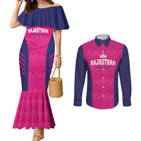 Custom Rajasthan 2025 Cricket Royals Couples Matching Mermaid Dress and Long Sleeve Button Shirt Pink And Halla Bol