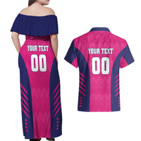 Custom Rajasthan 2025 Cricket Royals Couples Matching Off Shoulder Maxi Dress and Hawaiian Shirt Pink And Halla Bol