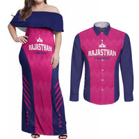 Custom Rajasthan 2025 Cricket Royals Couples Matching Off Shoulder Maxi Dress and Long Sleeve Button Shirt Pink And Halla Bol