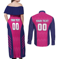 Custom Rajasthan 2025 Cricket Royals Couples Matching Off Shoulder Maxi Dress and Long Sleeve Button Shirt Pink And Halla Bol