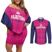 Custom Rajasthan 2025 Cricket Royals Couples Matching Off Shoulder Short Dress and Long Sleeve Button Shirt Pink And Halla Bol