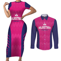 Custom Rajasthan 2025 Cricket Royals Couples Matching Short Sleeve Bodycon Dress and Long Sleeve Button Shirt Pink And Halla Bol