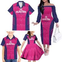Custom Rajasthan 2025 Cricket Royals Family Matching Off The Shoulder Long Sleeve Dress and Hawaiian Shirt Pink And Halla Bol