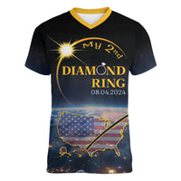 Personalized Total Solar Eclipse 2024 Women V-Neck T-Shirt My 2nd Diamond Ring - Wonder Print Shop
