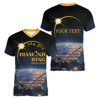 Personalized Total Solar Eclipse 2024 Women V-Neck T-Shirt My 2nd Diamond Ring - Wonder Print Shop