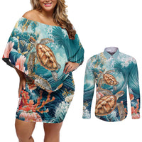 Personalized Caribbean Sea Turtle Couples Matching Off Shoulder Short Dress and Long Sleeve Button Shirt Fantastic Ocean Waves