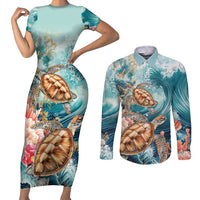 Personalized Caribbean Sea Turtle Couples Matching Short Sleeve Bodycon Dress and Long Sleeve Button Shirt Fantastic Ocean Waves