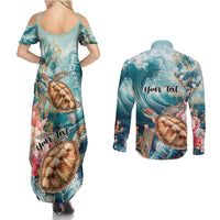 Personalized Caribbean Sea Turtle Couples Matching Summer Maxi Dress and Long Sleeve Button Shirt Fantastic Ocean Waves