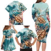 Personalized Caribbean Sea Turtle Family Matching Long Sleeve Bodycon Dress and Hawaiian Shirt Fantastic Ocean Waves