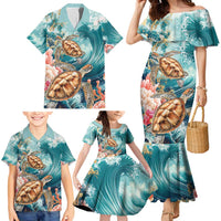Personalized Caribbean Sea Turtle Family Matching Mermaid Dress and Hawaiian Shirt Fantastic Ocean Waves