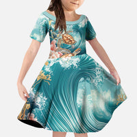 Personalized Caribbean Sea Turtle Family Matching Off The Shoulder Long Sleeve Dress and Hawaiian Shirt Fantastic Ocean Waves
