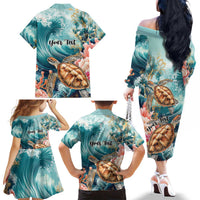 Personalized Caribbean Sea Turtle Family Matching Off The Shoulder Long Sleeve Dress and Hawaiian Shirt Fantastic Ocean Waves