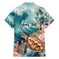 Personalized Caribbean Sea Turtle Family Matching Off The Shoulder Long Sleeve Dress and Hawaiian Shirt Fantastic Ocean Waves