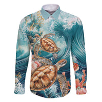 Personalized Caribbean Sea Turtle Family Matching Off The Shoulder Long Sleeve Dress and Hawaiian Shirt Fantastic Ocean Waves