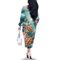 Personalized Caribbean Sea Turtle Family Matching Off The Shoulder Long Sleeve Dress and Hawaiian Shirt Fantastic Ocean Waves