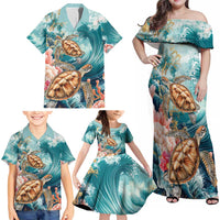 Personalized Caribbean Sea Turtle Family Matching Off Shoulder Maxi Dress and Hawaiian Shirt Fantastic Ocean Waves