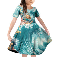 Personalized Caribbean Sea Turtle Family Matching Off Shoulder Short Dress and Hawaiian Shirt Fantastic Ocean Waves