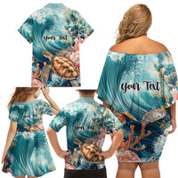 Personalized Caribbean Sea Turtle Family Matching Off Shoulder Short Dress and Hawaiian Shirt Fantastic Ocean Waves