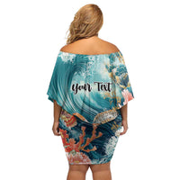 Personalized Caribbean Sea Turtle Family Matching Off Shoulder Short Dress and Hawaiian Shirt Fantastic Ocean Waves