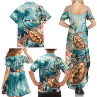 Personalized Caribbean Sea Turtle Family Matching Summer Maxi Dress and Hawaiian Shirt Fantastic Ocean Waves