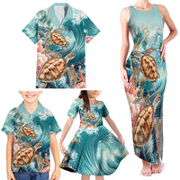Personalized Caribbean Sea Turtle Family Matching Tank Maxi Dress and Hawaiian Shirt Fantastic Ocean Waves